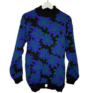 Vintage Spunky Floral Sweater Black Green Purple Made In USA Size M Metallic Tag
